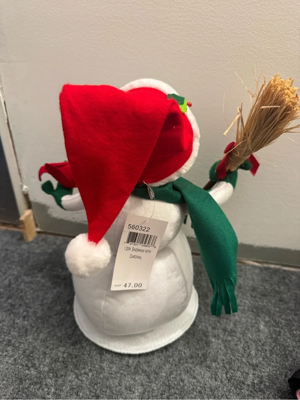 Annalee White Snowman with Red Hat, Green Scarf and Red Bird Accent